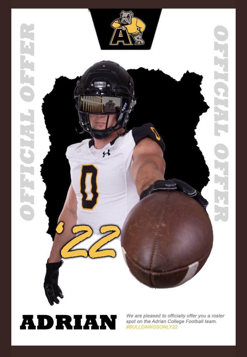 CalebSchnell22's tweet photo. Excited and proud to have received an offer to play football at Adrian College. Excited for the future! Thank you @coachbailey43 @JimFDeere https://t.co/64Eq3kSgUQ