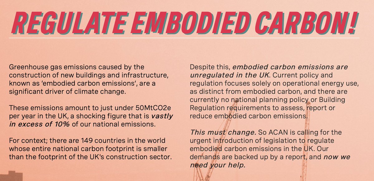 Regulate Embodied Carbon! 
This is essential if we want to achieve net zero carbon emissions by 2050. Please ask your MP to support Duncan Baker's Bill to bring clear legislation for the built environment, and sign ACAN's #DecarboniseConstruction petition: architectscan.org/embodiedcarbon