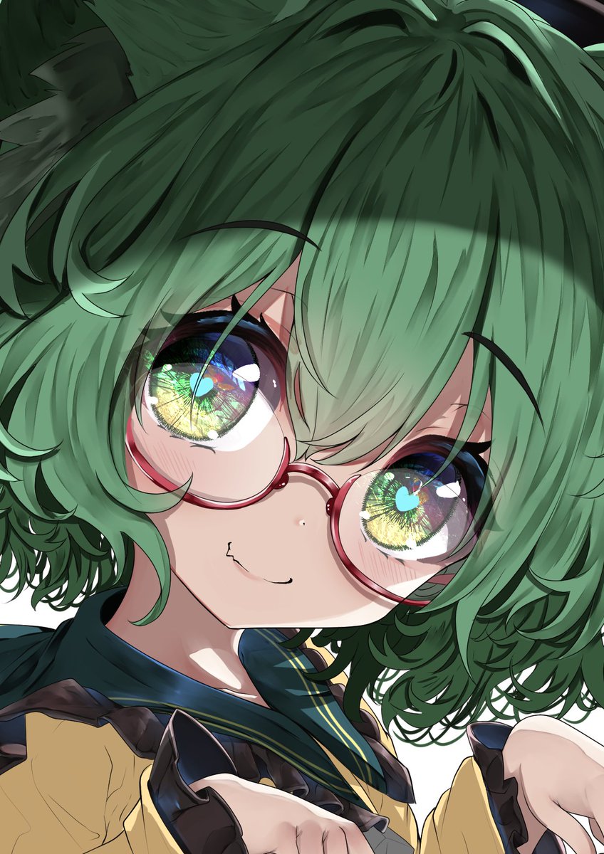 komeiji koishi 1girl solo green hair glasses green eyes animal ears yellow shirt  illustration images