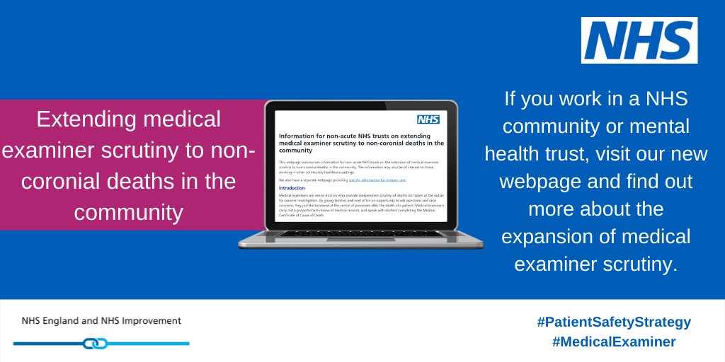 As part of the expansion of #MedicalExaminer scrutiny to non-coronial deaths in the community, we have created a new webpage providing information on what this means for community and mental health trusts england.nhs.uk/establishing-m… #PatientSafetyStrategy