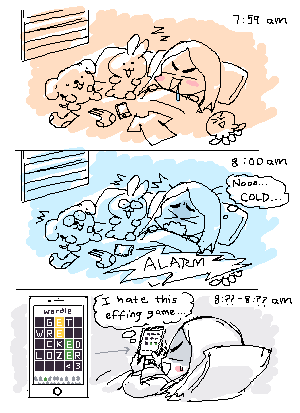 GOOD MORNING always wanted to try hourly comic.. 🟩🟩🟩🟩🟩 also dat wordle is fake (Duh) DW 