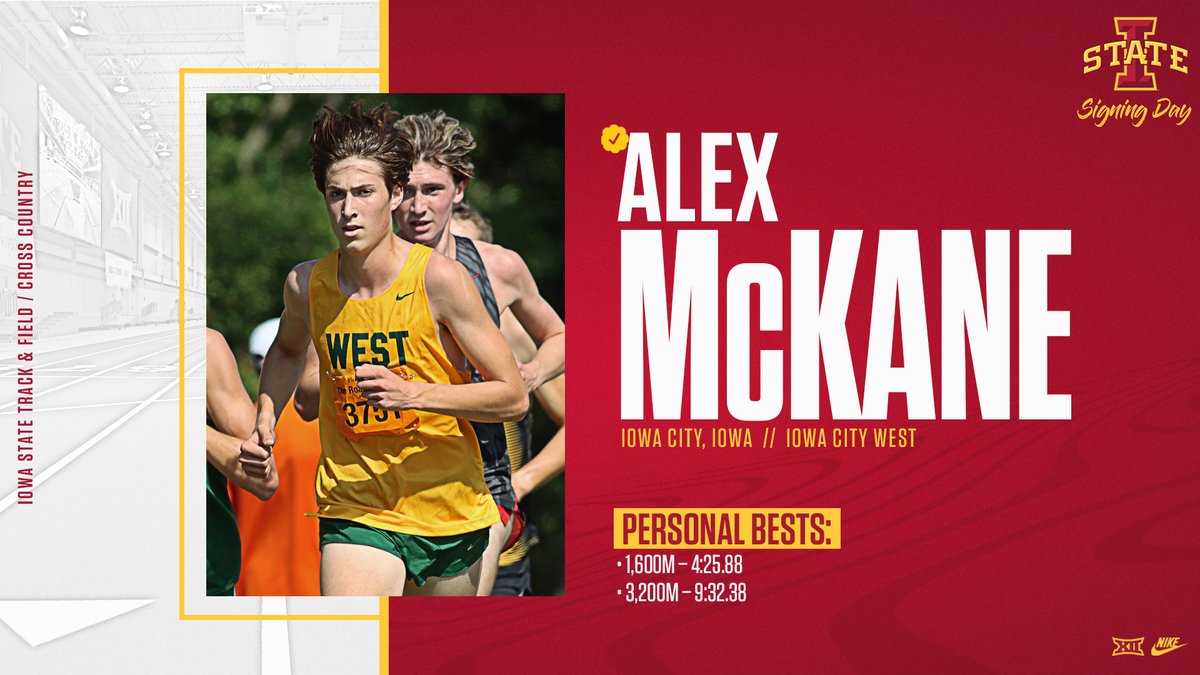 Welcome to Iowa State Alex McKane!

🌪 2021 Iowa HS Boys XC Gatorade Athlete of the Year
🌪 2021 Iowa HS Class 4A State Cross Country Meet Runner-Up
🌪 17th at 2021 Nike Heartland Regional XC Champs, earning All-Region

#CycloneSZN #Run4ISU