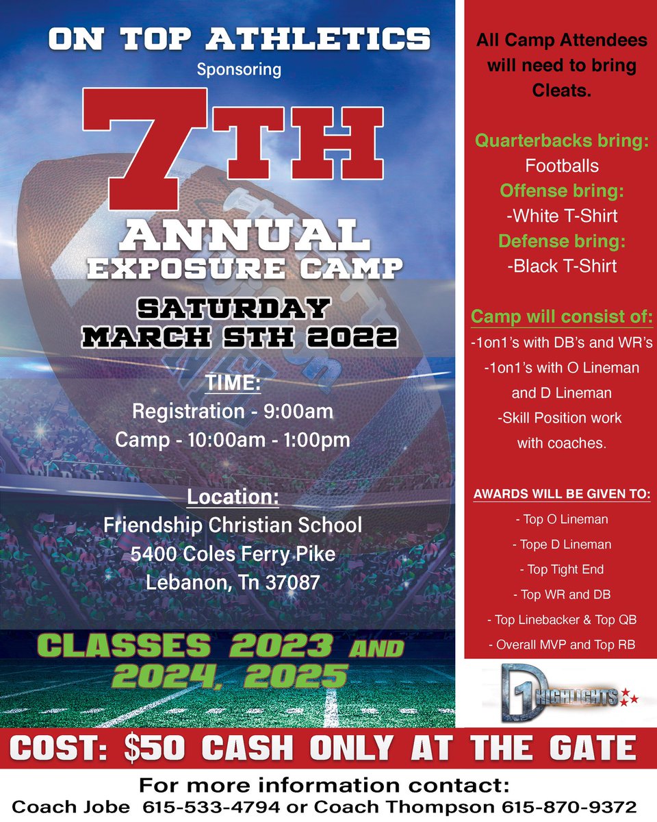 Save the date next month. Who’s the top dog this year? <a href="/thompsmd23/">Coach Thompson</a> <a href="/MISTA_10/">Souff_Range 🏈⚾️🥋📊</a> <a href="/CoachSpringtym/">Heath E. Springer</a> <a href="/CoachRivers1/">Coach Rivers</a> <a href="/TyusJobe/">TJ1</a> <a href="/QBC_Nashville/">QB Country Nashville</a> <a href="/d1highlights/">d1highlights</a> <a href="/RN_JK808/">D1_JK808</a> <a href="/bestXthatXists/">Xavier Smith</a> @IsaacLeedham <a href="/ChiefSmoke10/">David Buchanan</a> <a href="/jabaridavis_VFL/">Juice Davis</a> <a href="/Coach_Rayl/">Zack Rayl</a> <a href="/coachpel/">Josh Pelchat</a> <a href="/Bquick03/">Coach Brody Quick</a> <a href="/CoachMikeWelch/">Michael A Welch</a> <a href="/CoachBurum74/">Justin Burum</a>