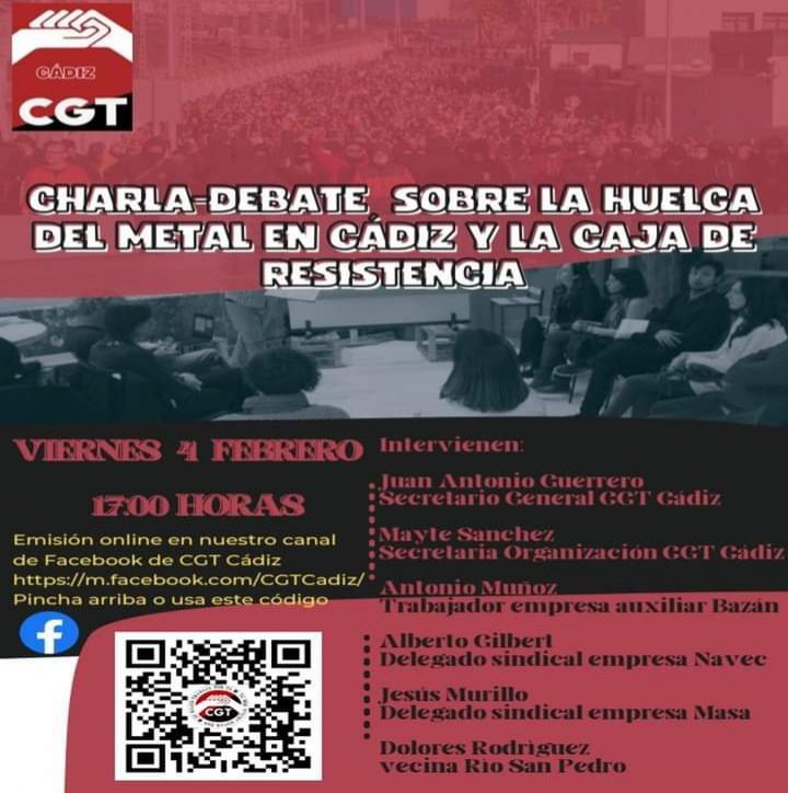 Este viernes charla-debate sobre la huelga del metal en Cádiz y la caja de resistencia.
Enlace: fb.me/e/279eT6ngz
#Huelgadelmetal #resistencia