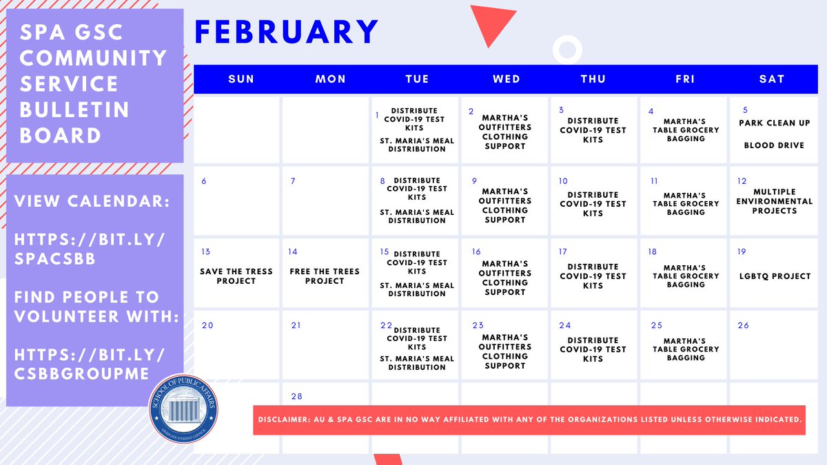 I'm thrilled to announce that <a href="/AUGSC_SPA/">AU SPA Graduate Student Council</a> has launched a Community Service Bulletin Board to ⬆️ connection btwn DC graduate students &amp; the greater community. Check out our calendar &amp; let us know if you have something you'd like us to add: bit.ly/SPACSBB #communityservice