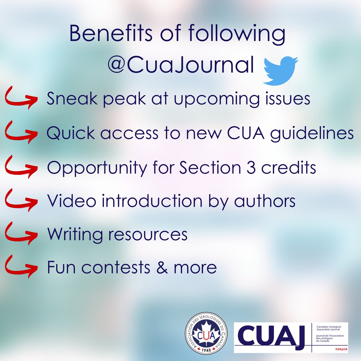 CuaJournal's tweet photo. Welcome to Canada’s premier urology journal on Twitter. At CUAJ, we take pride in showcasing the work of Canada’s top investigators, providing the latest relevant evidence-based research, and being the primary repository for all CUA guidelines.
@CanUrolAssoc @_TheUrologist_ https://t.co/rNPgSkU8uc