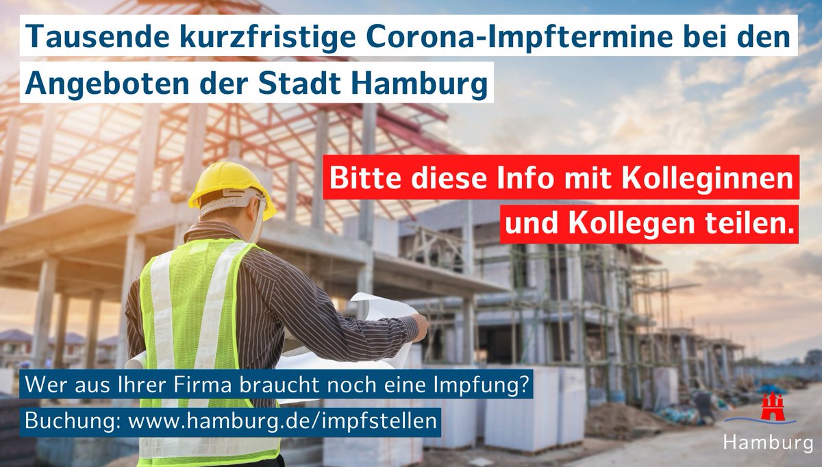 +++ Bitte teilen Sie dieses Posting mit Kolleginnen und Kollegen, die noch eine Corona-Schutzimpfung brauchen. Danke! +++ Unsere Impfzentren sind über die ganze Stadt verteilt. Zu den Termin-Buchungen: hamburg.de/impfstellen #coronahh