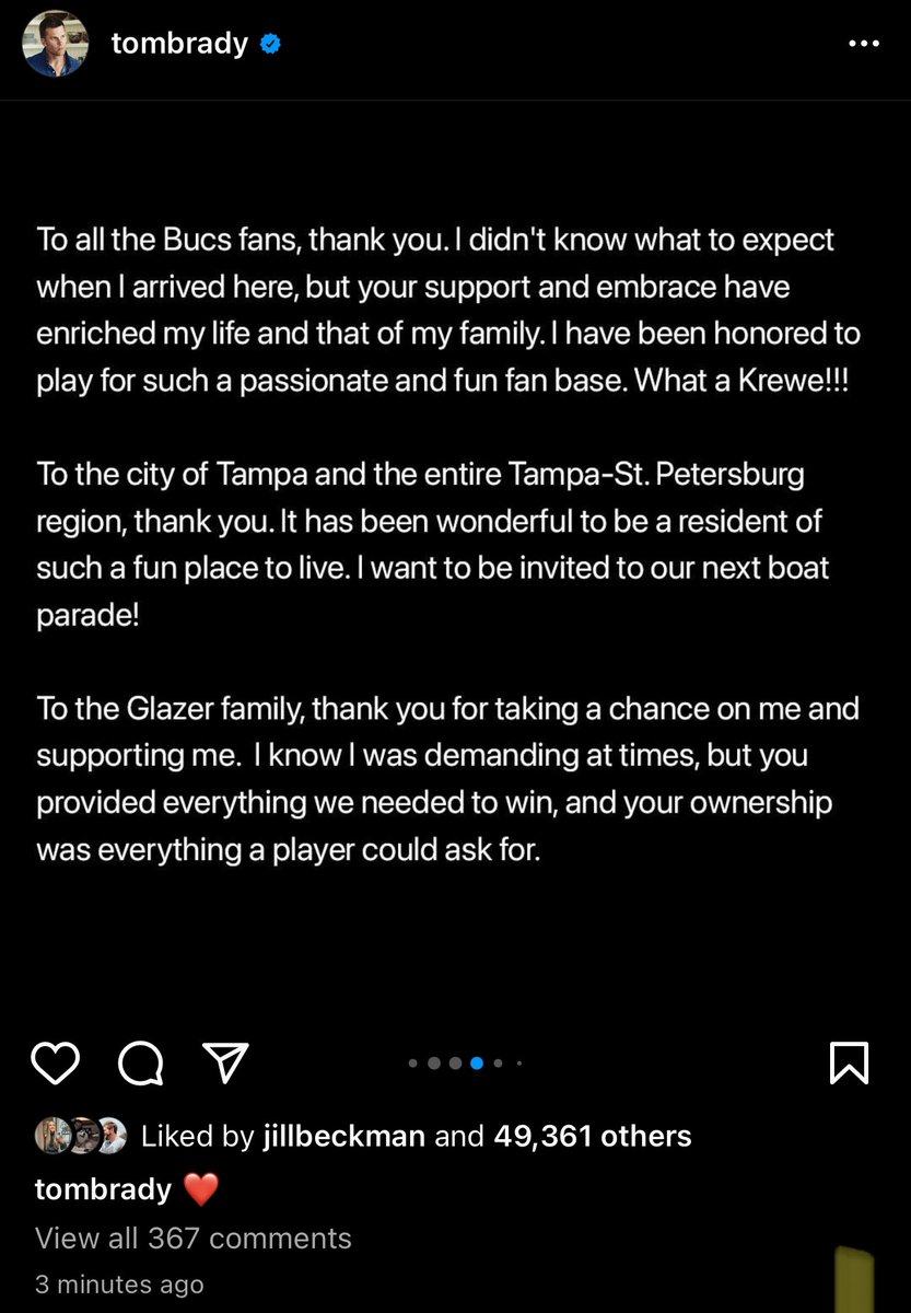 CarmieV's tweet photo. No video. No elaborate graphics campaign. No frills. Just words from the heart. 

Tom Brady has retired.

Thanks for everything, 12 🐐 https://t.co/3c27ZGvL3M