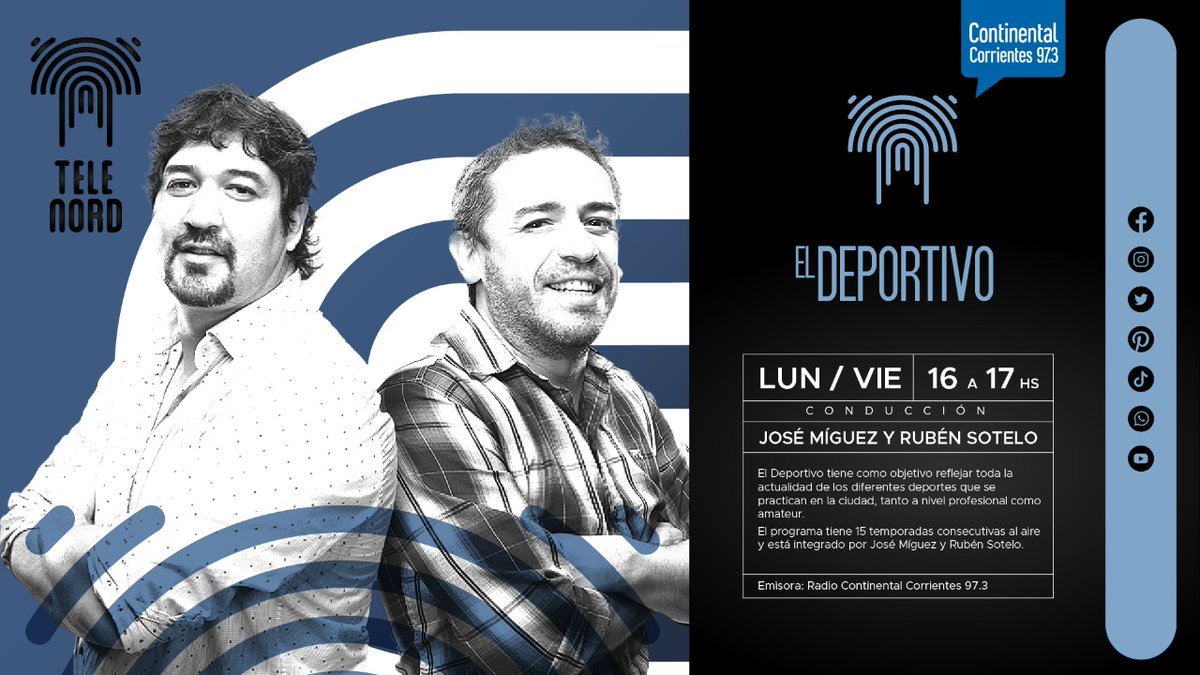 Todo lo que querés saber sobre el deporte local y nacional lo tenés de lunes a viernes, de 16 a 17hs con 
<a href="/ElDeportivoCtes/">El Deportivo Ctes</a> 
.
#ContinentalCorrientes
📻Escuchanos en la 97.3
📺Miranos en vivo por telenord.com.ar