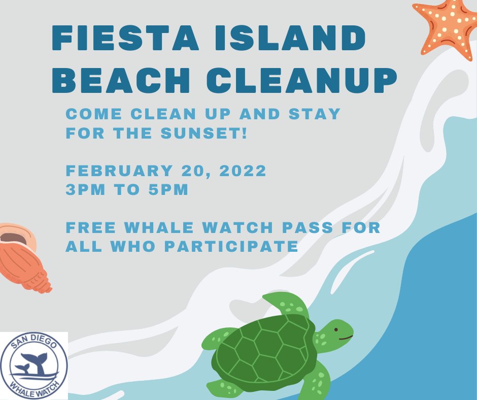 SDWhaleWatch's tweet photo. Our next Beach Cleanup is around the corner! We will be cleaning up Fiesta Island in Mission Bay! Please book your spot at our website https://t.co/MNcfEH9O2g. FREE whale watching passes for everyone who participates!
Details: Sunday, February 20, 2022 - 3pm to 5pm (PST) https://t.co/UlUiUkbXyA