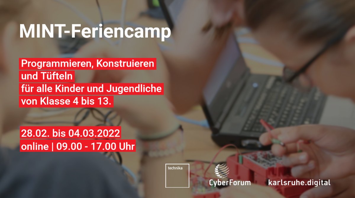 Wir begeistern Kinder &amp; Jugendliche spielerisch für die MINT-Welt! 

In den Faschingsferien bieten wir mit unserer Initiative <a href="/team_technika/">technika | Karlsruher Technik-Initiative</a> das nächste virtuelle MINT-Feriencamp an.

Alle Infos: mint-feriencamp.de

#MINT #technika #karlsruhedigital

Supported by <a href="/KA_digital/">karlsruhe.digital</a>