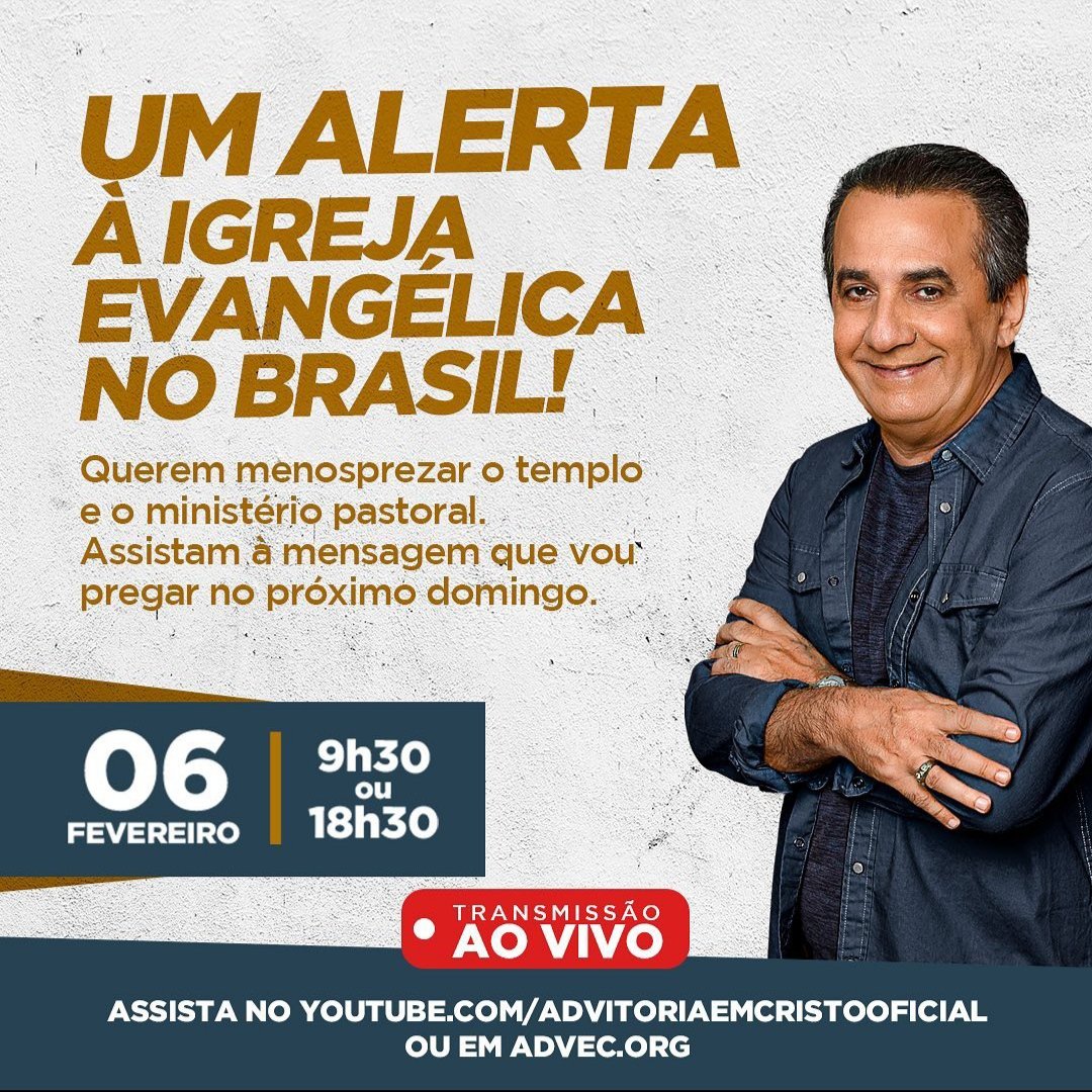 #Repost <a href="/silasmalafaia/">Silas Malafaia</a>

É importantíssimo que vc assista! No próximo domingo, dia 6 de fevereiro, eu vou fazer um alerta à igreja evangélica do Brasil. 

A mensagem será transmitida ao vivo às 9h30 e às 18h30 em youtube.com/advitoriaemcri… e advec.org

#igrejaevangelica