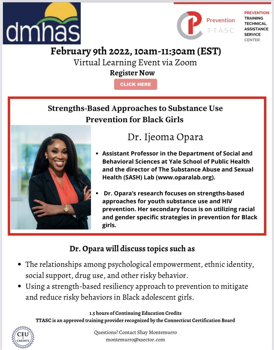 Dr. Ijeoma Opara (@ijeomaoparaphd) on Twitter photo Join me on February 9, as I talk about one of my FAVORITE topics—using strengths based strategies in prevention work for Black girls!  Register here (for free!):
preventiontrainingcenter.org/events/strengt… Join me on February 9, as I talk about one of my FAVORITE topics—using strengths based strategies in prevention work for Black girls!  Register here (for free!):
preventiontrainingcenter.org/events/strengt…
