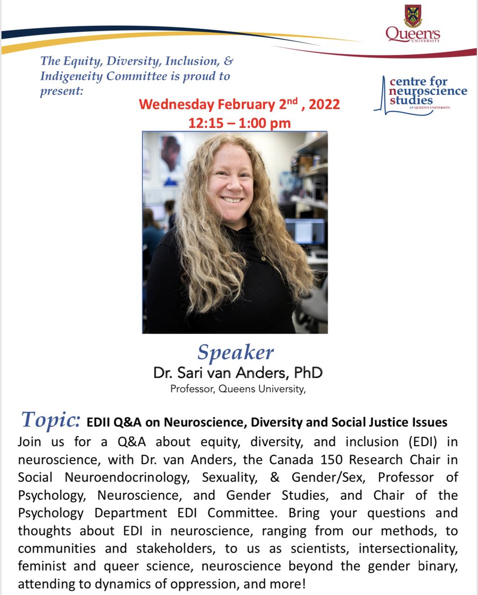 QueensU_CNS's tweet photo. The CNS Seminar Series is back at a new time! In 2022, seminars will start at 12PM (noon) ⏰ This week, the Seminar Series welcomes @SarivanAnders for a Q&amp;A on Neuroscience, Diversity and Social Justice Issues! The Q&amp;A will start at 12:15PM tomorrow https://t.co/zvusq3tRZE