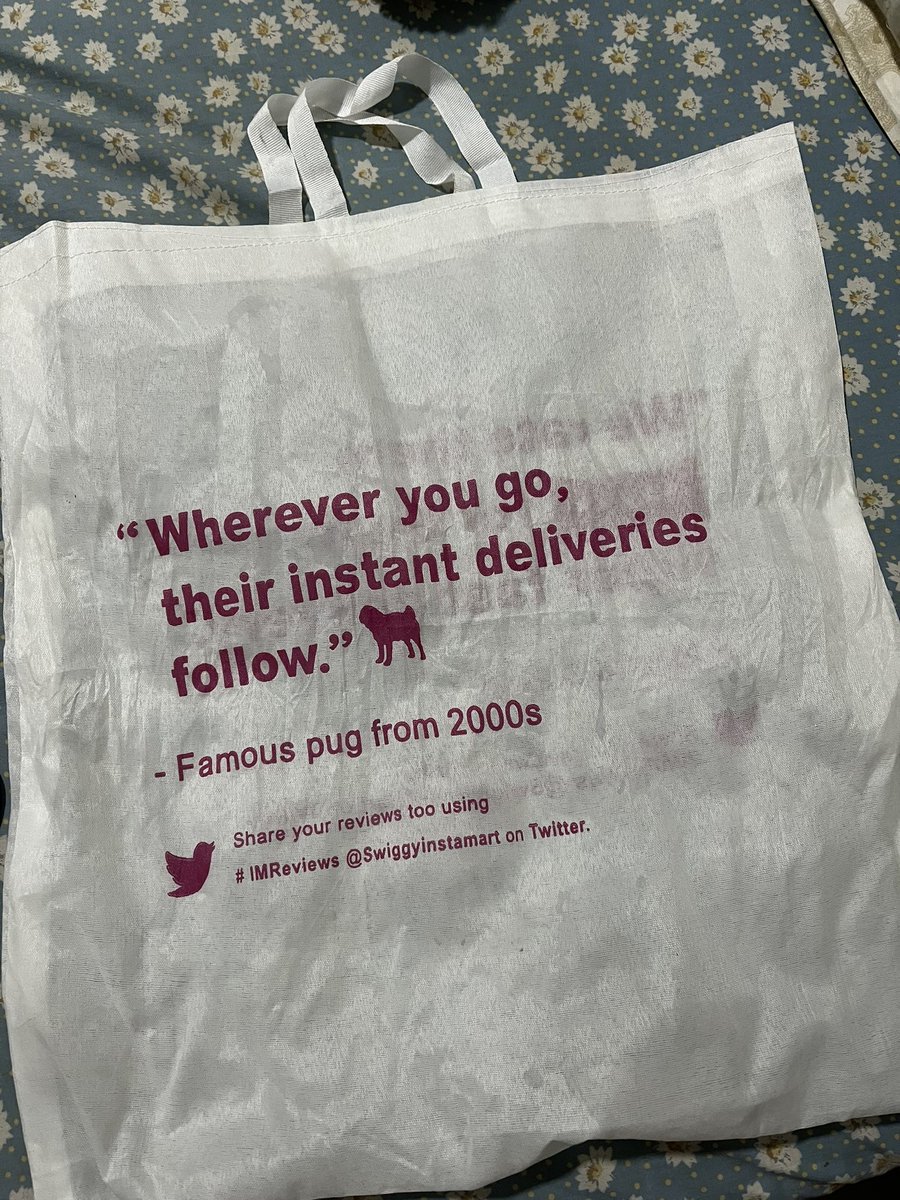 MariskaLobo's tweet photo. Used @SwiggyInstamart for the first time today, and I’m mighty impressed by the effort put into making a simple delivery bag quirky! #PackagingDesign 

Totally encouraged me to come &amp; tweet about it.

Oh and.. the services are super convenient &amp; super quick! 🙂 https://t.co/HqzBjjFrZk