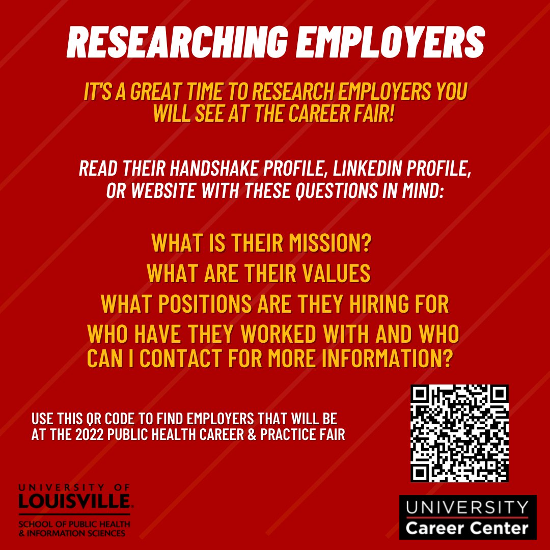 Students, it's a great time to research employers you will see at the 2022 Spring Public Health Career and Practice Fair - In-Person and Virtual!

Find the list of attending employers here:
In-Person: bit.ly/3gcrsYU
Virtual: bit.ly/3ui0gQT

#UCC #CardsGetHired