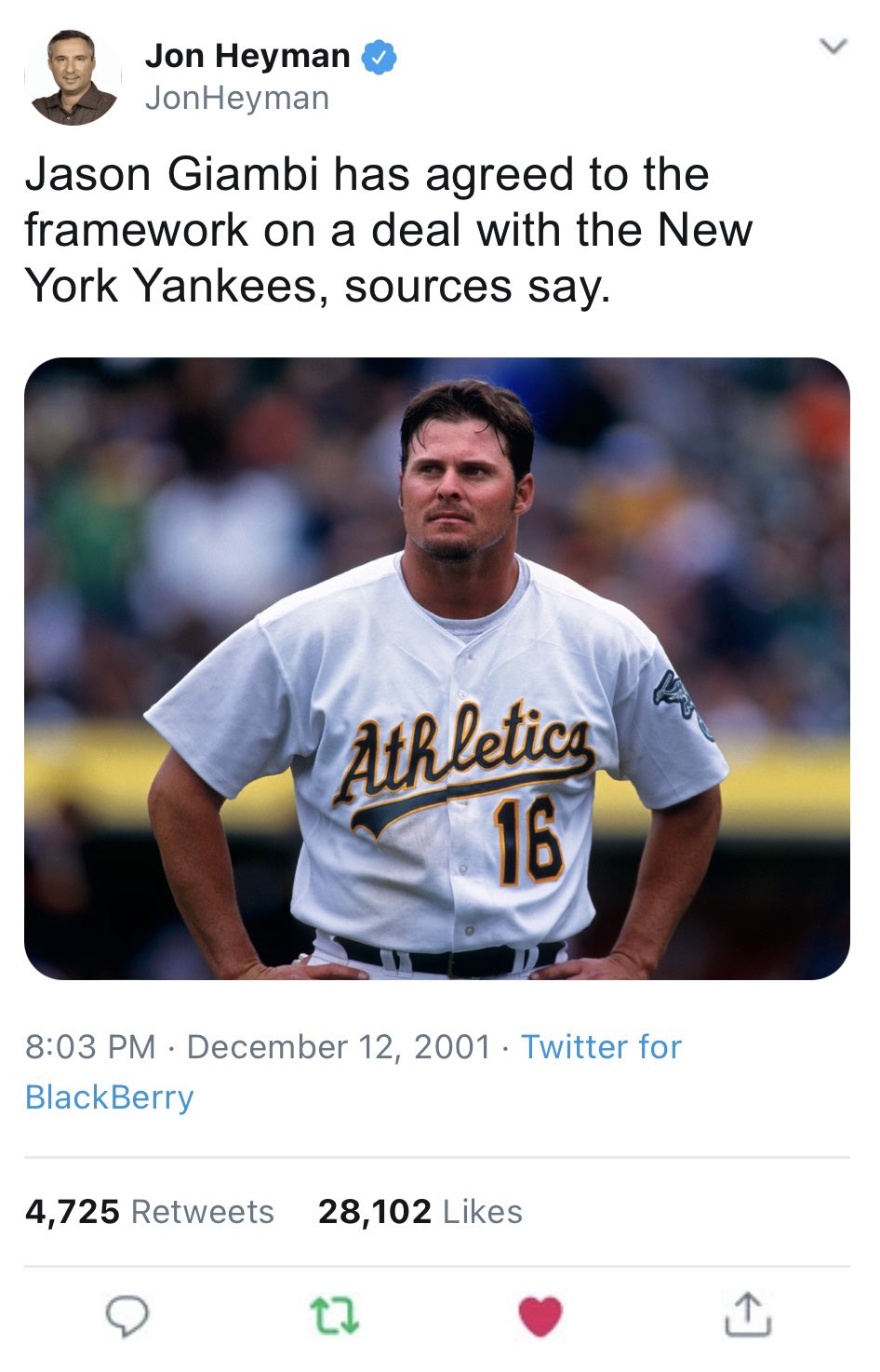 Old MLB Tweets on X: MLB Twitter reacts to Jason Giambi signing with the  Yankees in 2001.  / X
