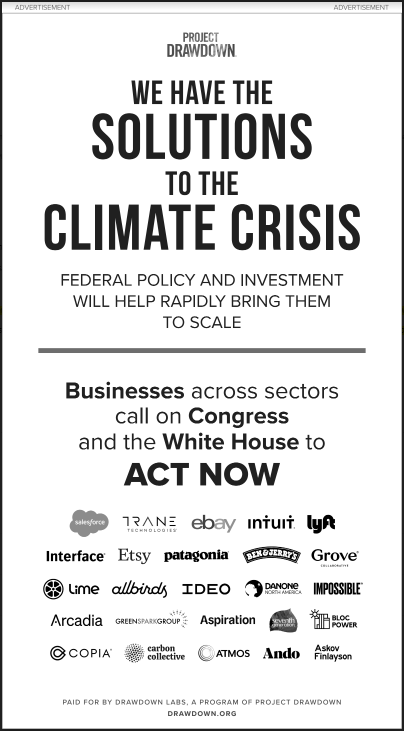 SerenaIngre's tweet photo. Thrilled that @salesforce  is joining 24 other companies—representing over $64 billion in revenue and thousands of employees—in this powerful @nytimes ad. As @ProjectDrawdown makes clear: we have the solutions to the climate crisis, and it’s time we act #climateaction #timeisnow https://t.co/JJm0h8EpBZ