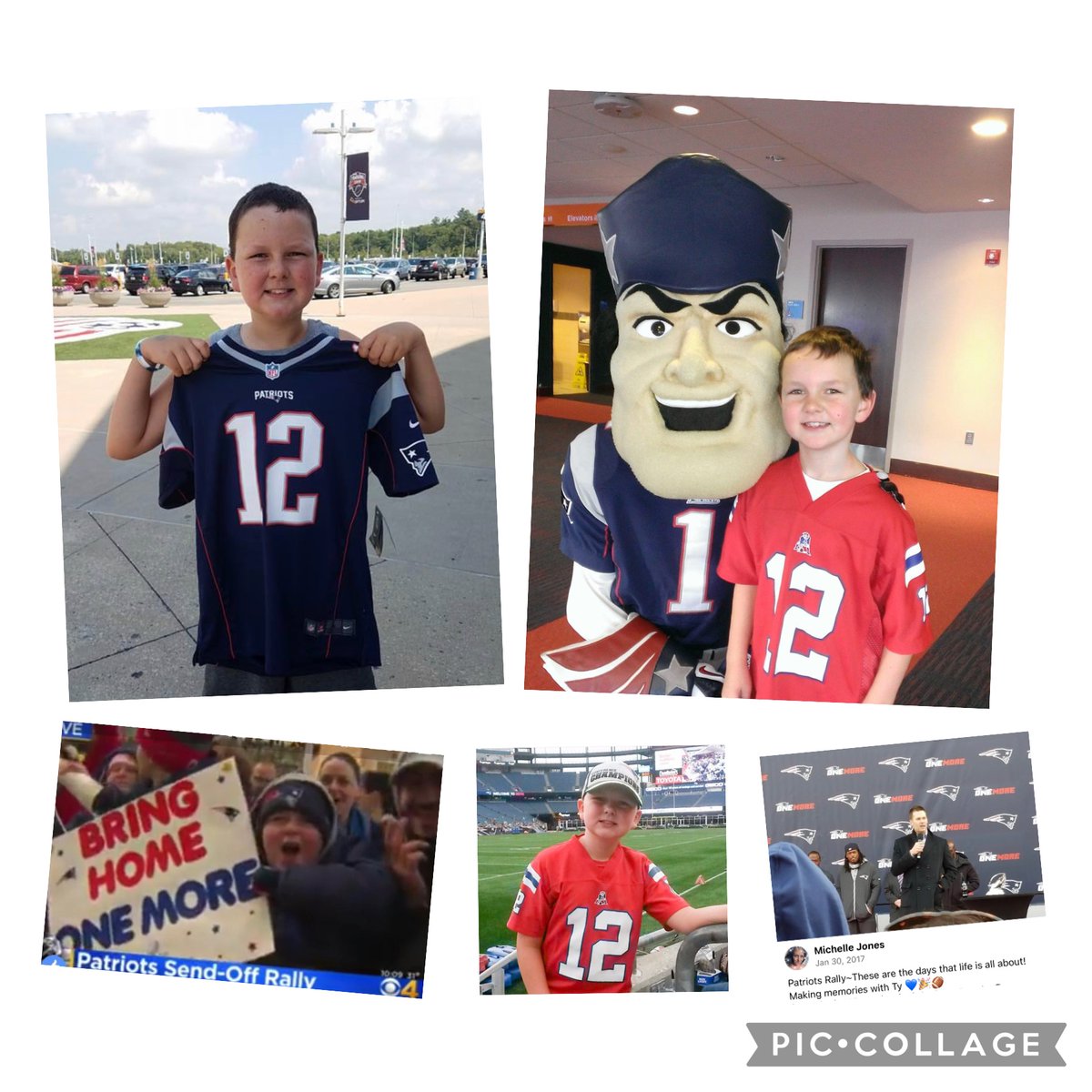 michj12's tweet photo. Tom Brady just HAS to come back to @Patriots and retire, @GilletteStadium holds a goodbye retirement rally and I need to be there! #patriots #TomBrady #MakeItHappen 💙 a few favorite tb memories with my son! https://t.co/RKeUSu0jH7