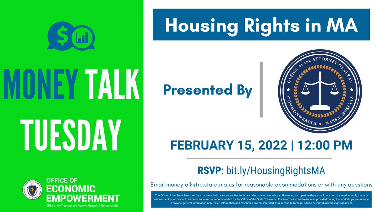 EmpowermentMA's tweet photo. On February 15th, we are hosting a #MoneyTalkTuesday with the @MassAGO's Office to cover housing rights with respect to renting, the tenant-landlord relationship, and more.
Register here: https://t.co/zOieZACyGB
#Housing #HousingRights #FinancialEducation https://t.co/wwwfbW0g7O
