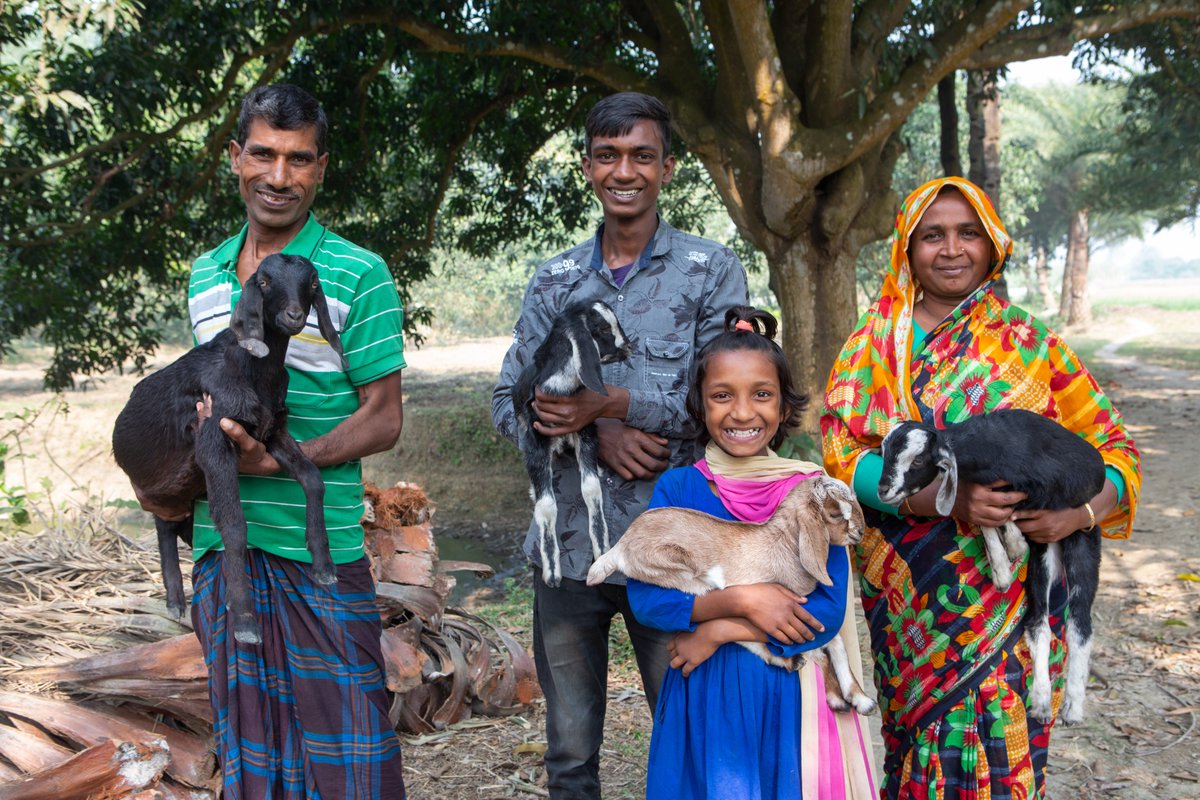 ExpandingBrainX's tweet photo. Mohammad Mojnu Molla, 45 yrs, (left to right) Mohammad Fahim Molla, 16 yrs, Mosammat Sumaiya Khatun, 9 yrs, and Angura Begum, 34 yrs, hold goats at their home in Manikpur village, Bangladesh. Real world impact project. #LuckyGoatTribe #NFT #NFTCommunity #CryptocurrencyNews https://t.co/eouYNmneb4