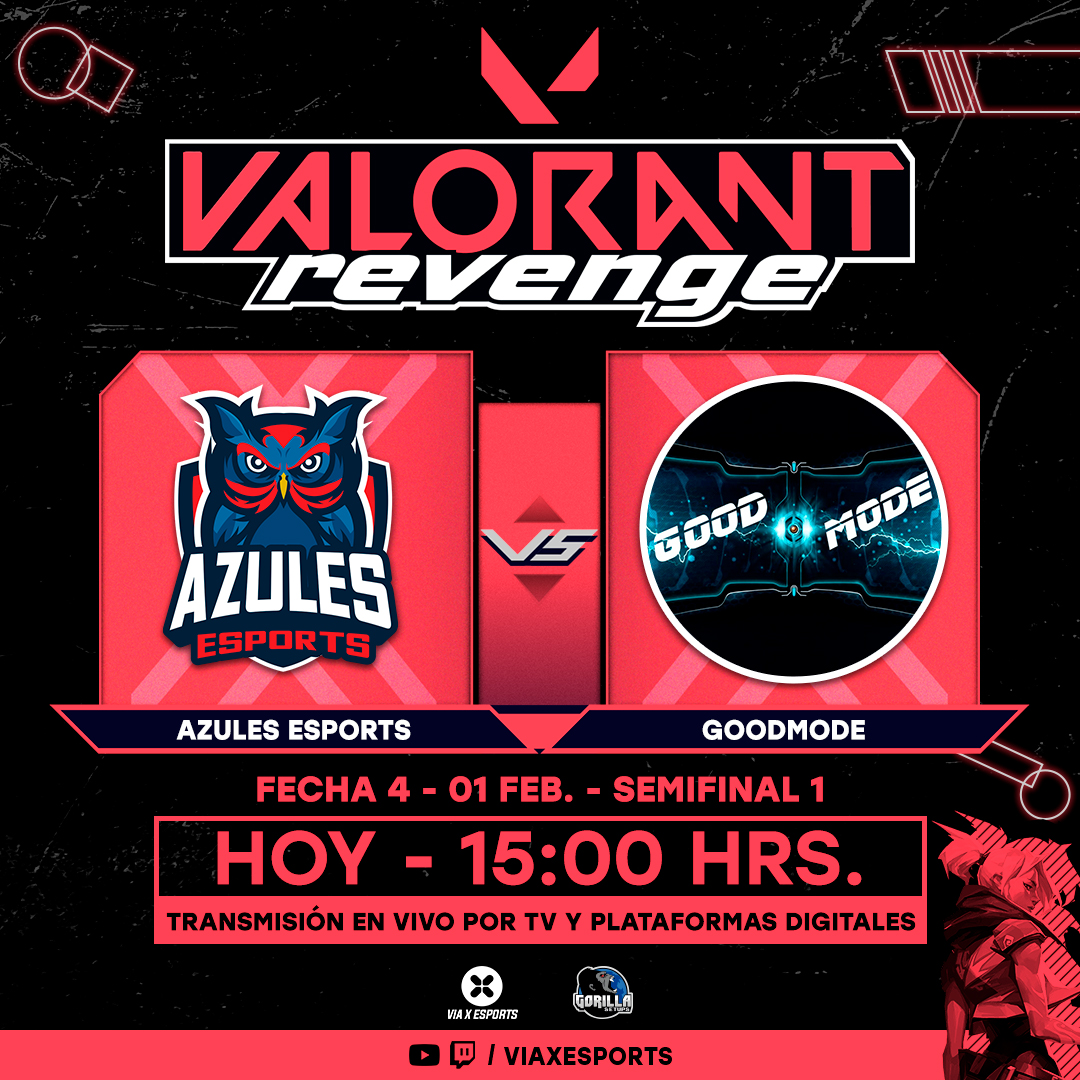viaxesports's tweet photo. 🚨 HOY conoceremos a los 2 equipos finalistas y al tercer lugar del #TorneoRevenge de #Valorant 🔥🏆
@AzulesEsportsLA VS #GoodMode
#TeamAK VS ❓
🔴 15:00 EN VIVO
📺 850 VTR y 236 WOM
➡ https://t.co/XJOpMvT1Hn
➡ https://t.co/gSdmLSWDeR https://t.co/WePQm7iHwf