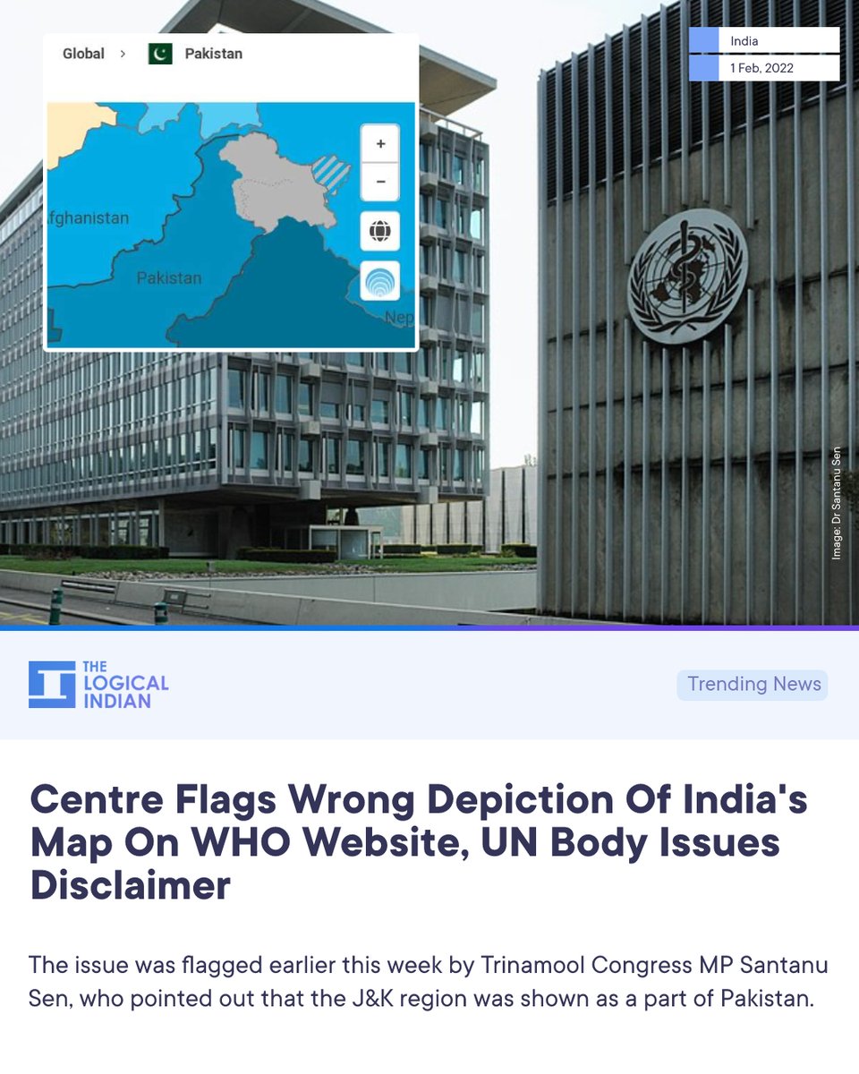 LogicalIndians's tweet image. #JammuKashmir: The central govt raised its concerns over the wrong depiction of India&apos;s map on the WHO&apos;s website. WHO issued a disclaimer stating that the image was not expressing any opinion on the country&apos;s legal status. 

#incorrectmap #India #Kashmir #WHO