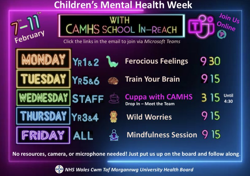 MissJZJones's tweet photo. Really excited for @Place2Be’s Children’s Mental Health Week. All Swansea and Neath Port Talbot primary schools have access to online sessions with CAMHS School In-reach that week! Check your school email for session links 🧠 🖥 https://t.co/9uPhMR5yL6