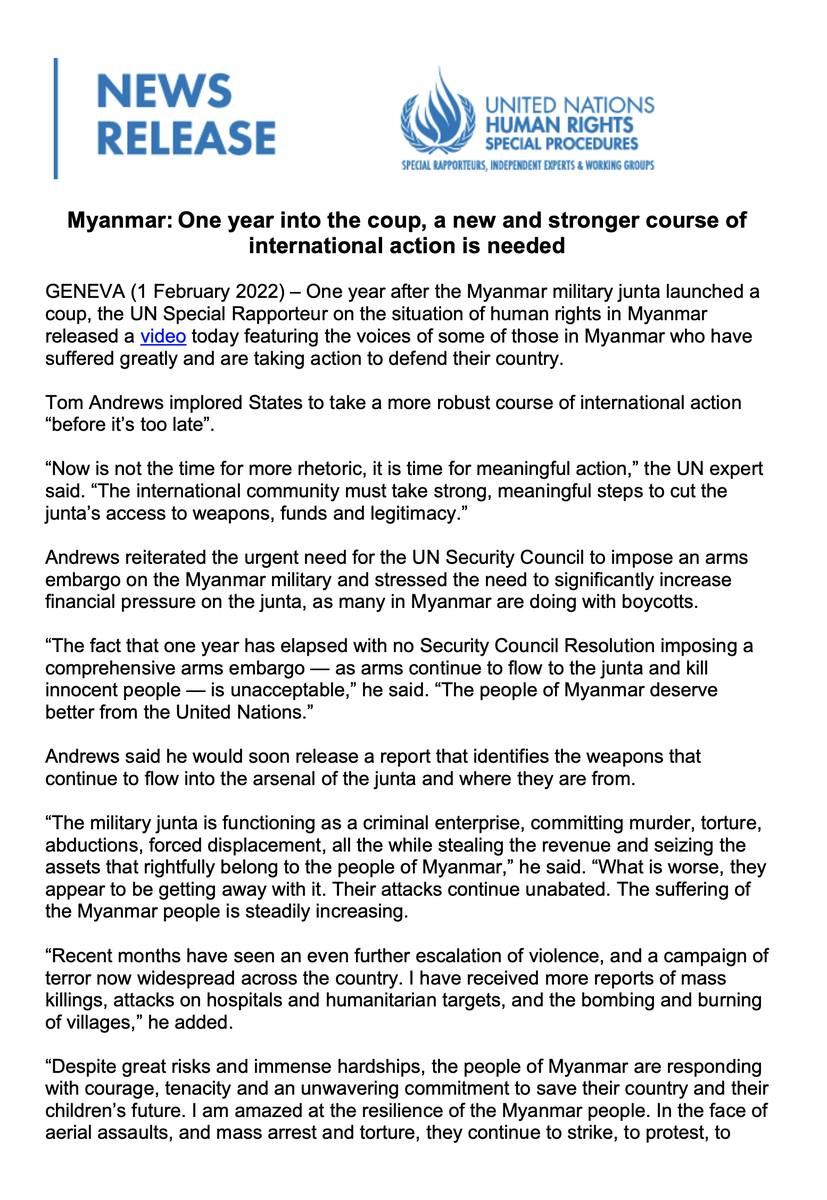 RapporteurUn's tweet photo. Today's Silent Strike in Myanmar was yet another indication of the broad/deep opposition to the junta on the dark anniversary of their coup. Today I issued an appeal for stronger international action that featured courageous voices from Myanmar .  

https://t.co/1zJLDsiiG6 https://t.co/u1ETiOcoz2
