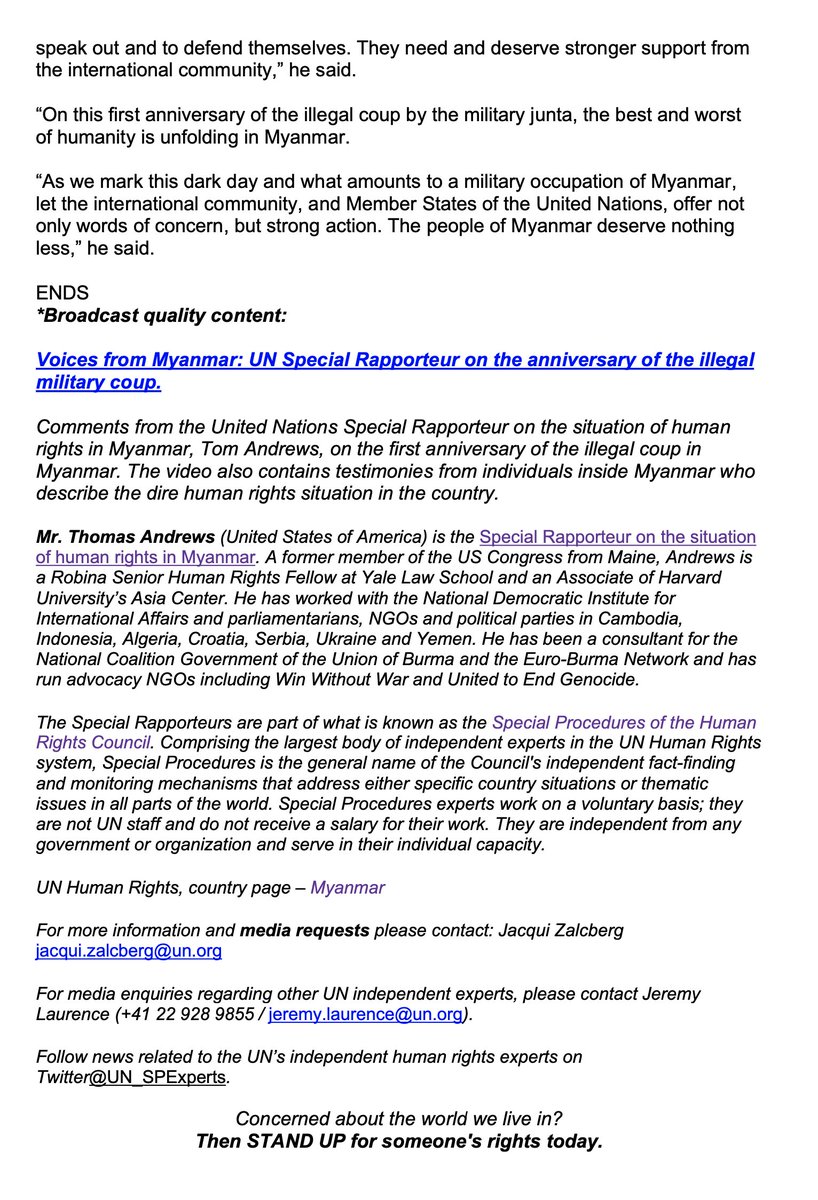 RapporteurUn's tweet photo. Today's Silent Strike in Myanmar was yet another indication of the broad/deep opposition to the junta on the dark anniversary of their coup. Today I issued an appeal for stronger international action that featured courageous voices from Myanmar .  

https://t.co/1zJLDsiiG6 https://t.co/u1ETiOcoz2