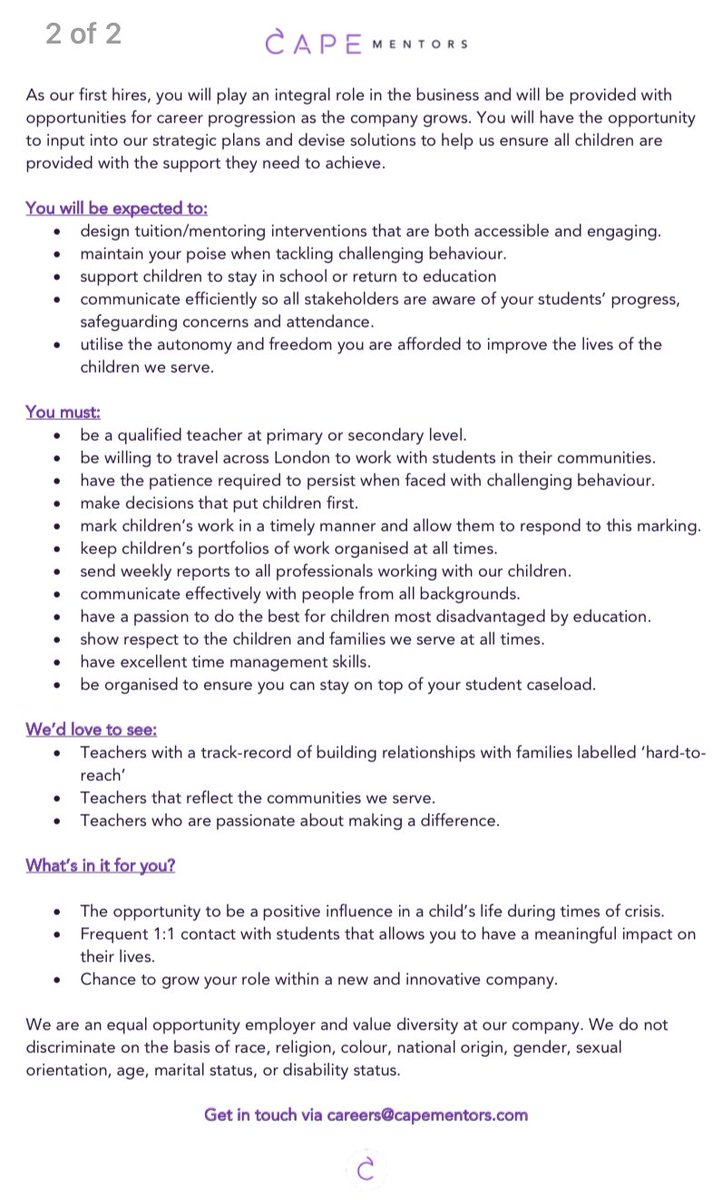 We are recruiting: 🚨🚨🚨
 
If you join us, you’ll: 

Work with amazing kids.  

Create tuition and mentoring programmes that meet student’s individual needs. 

Provide students with the opportunities they need to make positive changes in their lives. 

Have fun!

#Teacherjobs