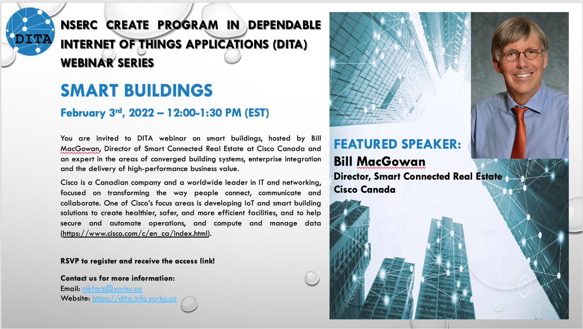 Join us on February 3rd, 2022 @ 12:00-1:30PM (EST) for a webinar on “Smart Buildings”, organized by NSERC CREATE DITA Program in collaboration with <a href="/CiscoCanada/">Cisco Canada 🇨🇦</a> 
RSVP to register!