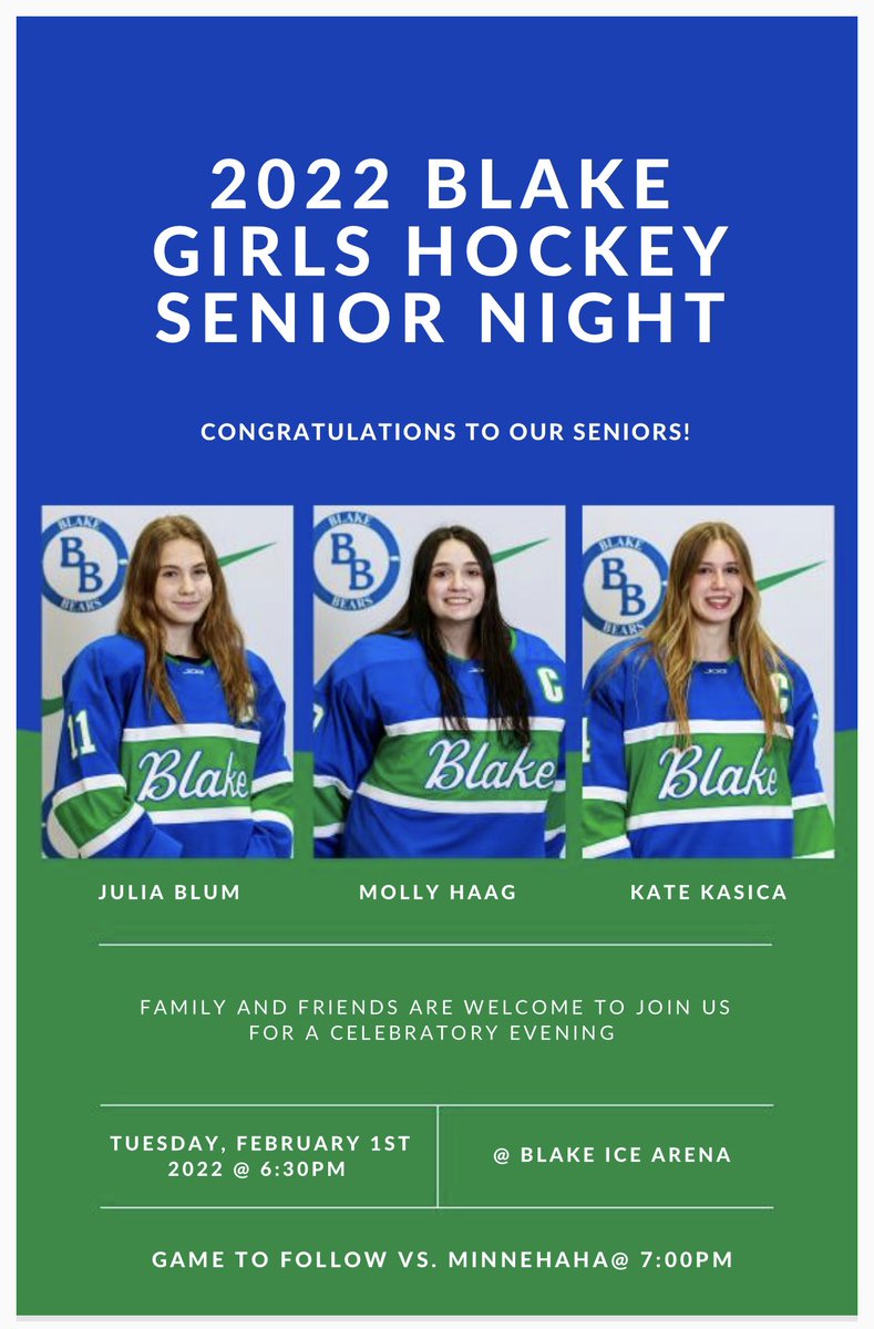 Today is the day to celebrate these three amazing seniors - Julia, Molly and Kate!  So proud of these student athletes - Go Bears! 💙🐻💚 <a href="/therealBGH/">Blake Girls Hockey</a> <a href="/LifeatBlake/">The Blake School</a> <a href="/coachrath/">Nick Rathmann</a>