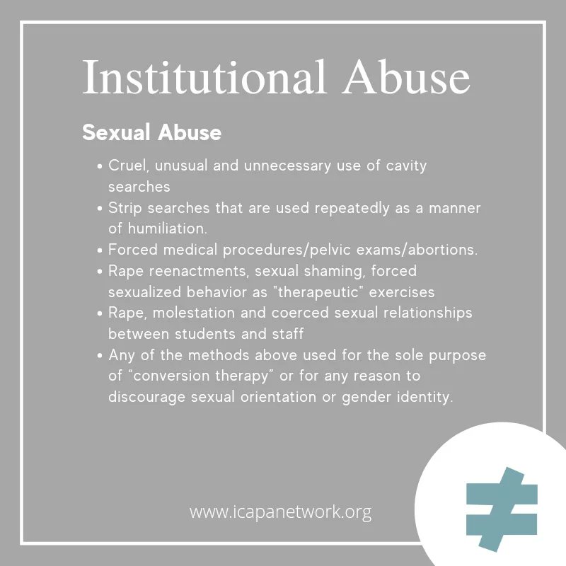 ICAPANetwork's tweet photo. Many youth residential programs utilize high control and punishment (fear-based) totalistic treatment.
The use of these methods and the resulting trauma is what we define as institutional abuse.
#endtti #endinstitutionalabuse #abolishtti #systemicfailures #acestoohigh https://t.co/8x3f4AViAE