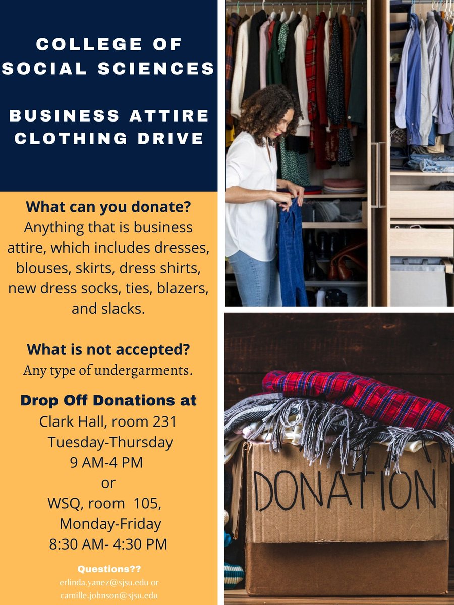 ccs_sjsu's tweet image. We are taking donations of gently used business attire to donate to the SJSU Clothing Closet.  CCS is a donation drop off site, CL, room 231. #ccs_sjsu #firstgen #firstgenprofessionals