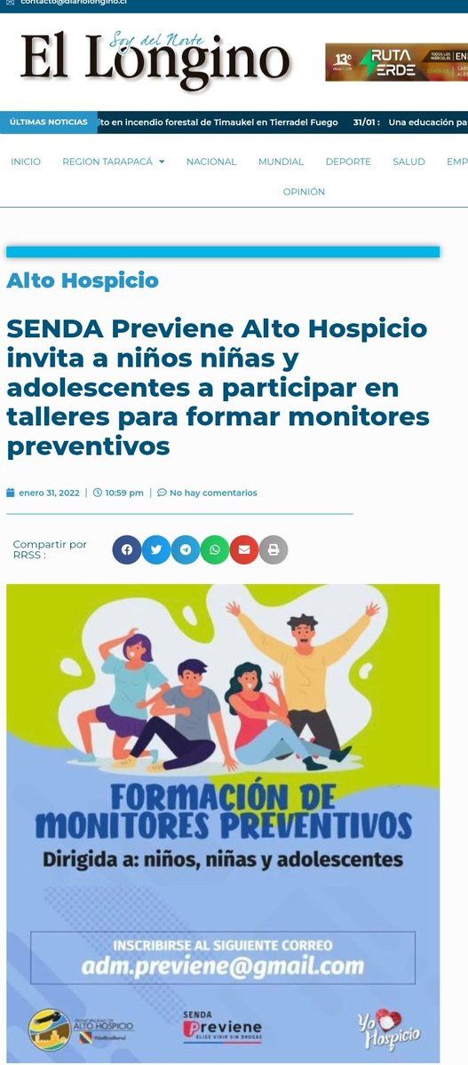 Senda_Tarapaca's tweet photo. 🗞PRENSA| Medios locales destacan invitación que realiza nuestro equipo @previeneah a niños, niñas y adolescentes a participar en talleres para la formación de monitores preventivos. Las inscripciones abiertas hasta el 6 de febrero a través de adm.previene@gmail.com https://t.co/8L7BWpJvvz