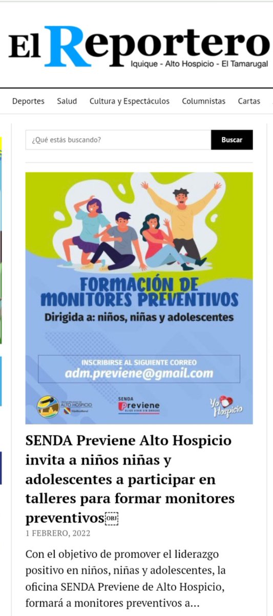 Senda_Tarapaca's tweet photo. 🗞PRENSA| Medios locales destacan invitación que realiza nuestro equipo @previeneah a niños, niñas y adolescentes a participar en talleres para la formación de monitores preventivos. Las inscripciones abiertas hasta el 6 de febrero a través de adm.previene@gmail.com https://t.co/8L7BWpJvvz