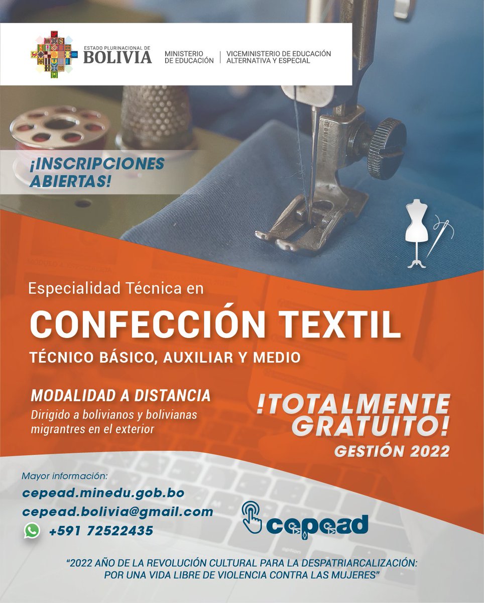 CEPEAD1's tweet photo. FORMACIÓN Y CAPACITACIÓN TÉCNICA A DISTANCIA
¡INSCRIPCIONES ABIERTAS!
https://t.co/FMtM93h6Kl

Confección Textil: +591 72522435 o al whatsapp https://t.co/NT57qqUT7K https://t.co/nFCj0lBIs4