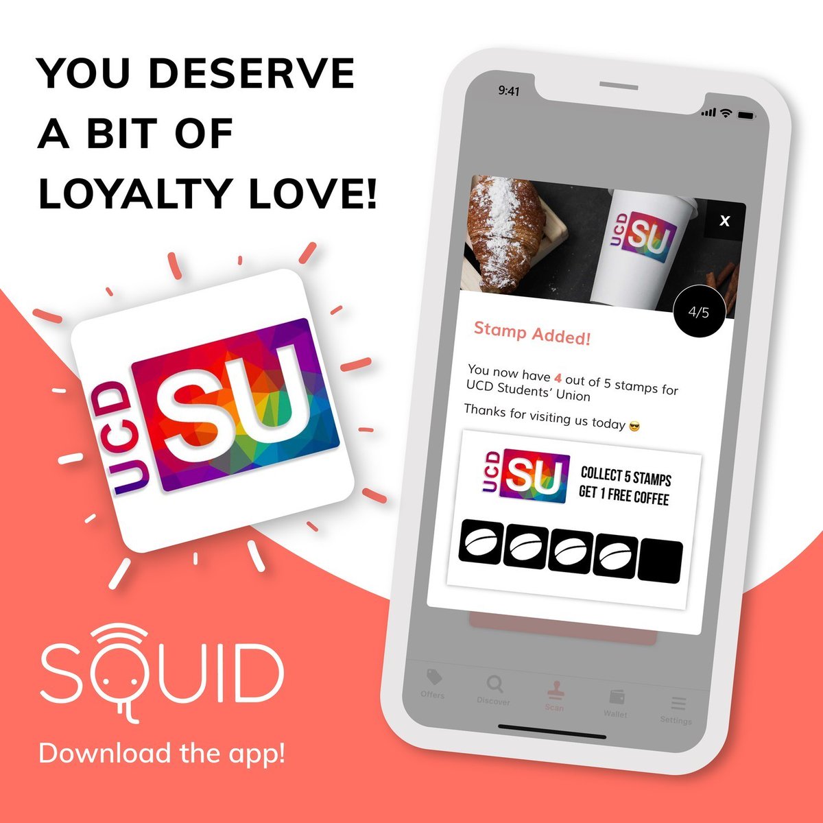 UCDSU's tweet photo. SU coffee lovers! ☕ ☕ ☕ 

Every 5 stamps collected gets you a free coffee 🤗 

On Thursday, we will be handing out a limited amount of free coffee vouchers outside our sports shop, as part of the loyalty launch!

#coffee #studentlife #students #ucdsu #dealsonline https://t.co/hp4sE9r1ZO