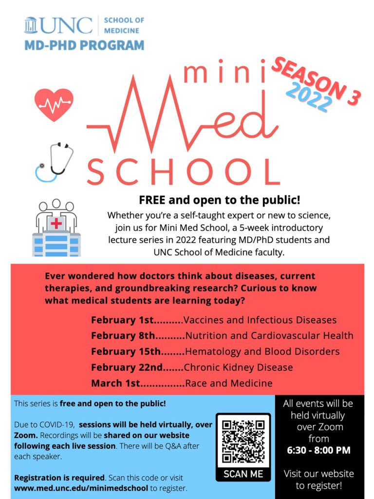 The third annual Mini Med School, a 5-week lecture series featuring MD/PhD students, faculty and fellows at the UNC School of Medicine, will begin in February. Read more: news.unchealthcare.org/2022/01/third-…