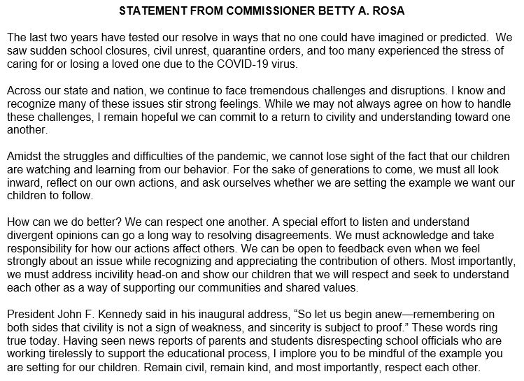 Statement from Commissioner Betty A. Rosa: bit.ly/34pXpKC