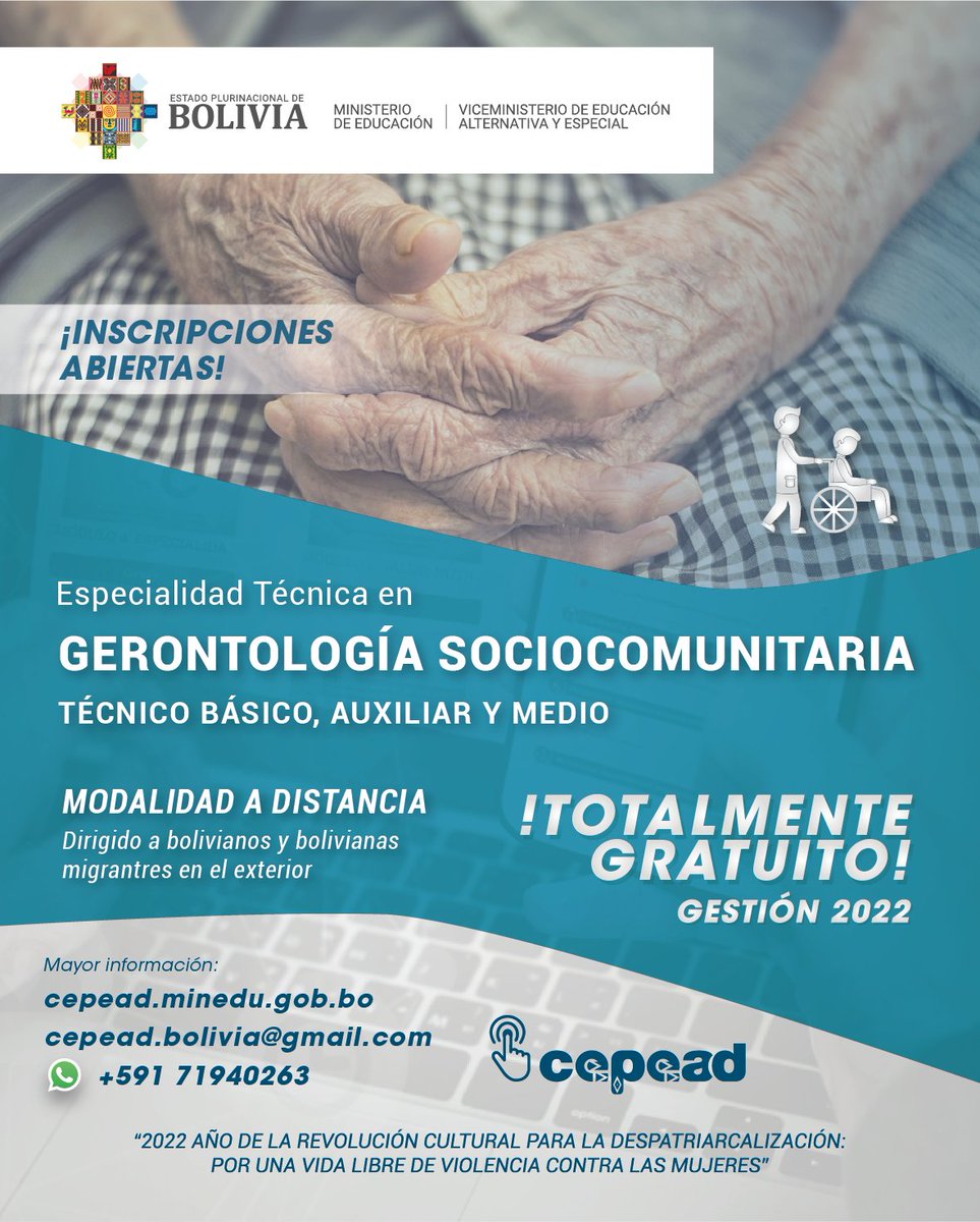 CEPEAD1's tweet photo. FORMACIÓN Y CAPACITACIÓN TÉCNICA A DISTANCIA
¡INSCRIPCIONES ABIERTAS!
https://t.co/FMtM93h6Kl

Gerontología Sociocomunitaria: +591 71940263 o al whatsapp https://t.co/xSrF09dK9q https://t.co/9Y1hMghk1s