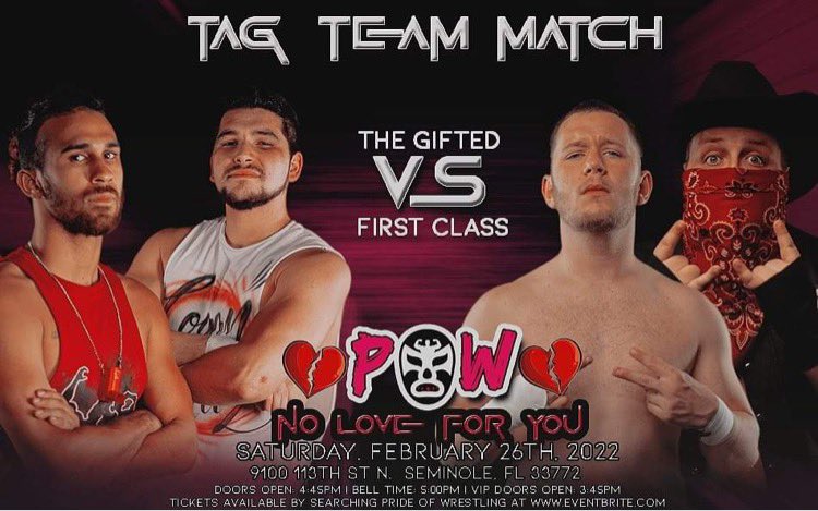 powrestlingllc's tweet photo. 🚨🚨🚨Match Announcement🚨🚨🚨 #TheGifted vs #FirstClass‼️
🚨🚨🚨#POW presents #POW19 #NoLoveforYou Saturday February 26th 5:00pm at the Seminole Recreation Center in Seminole FL🚨🚨🚨
Get your tickets today‼️ https://t.co/Q3xsFmNS1S https://t.co/ZnAZgE1XBV