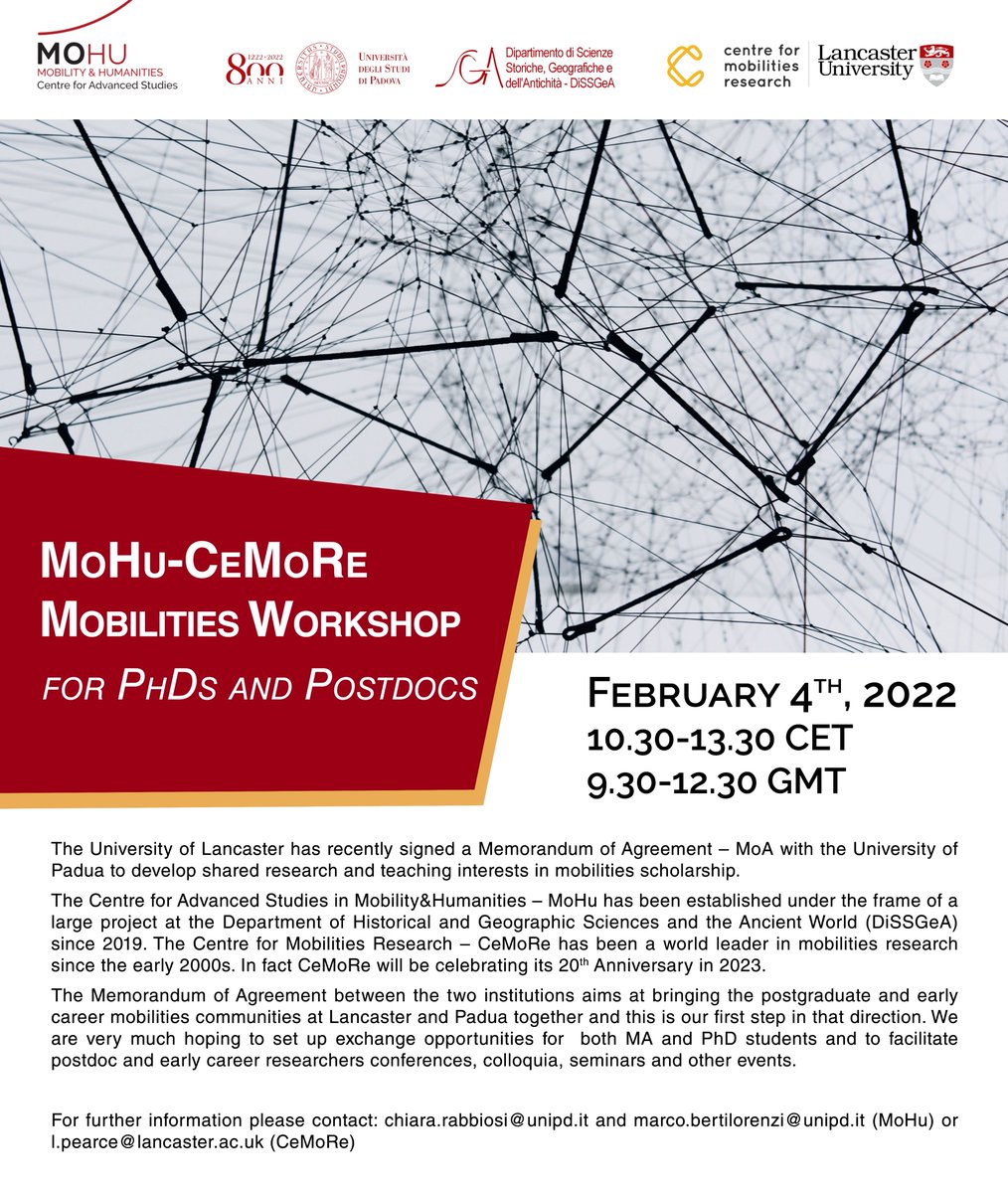 Very excited for the first MoHu-CeMoRe Mobilities Workshop that will be held on Friday this week! Our Postdoc researchers and PhD students will meet the Lancaster team to share current research and brainstorm together on future collaborations!