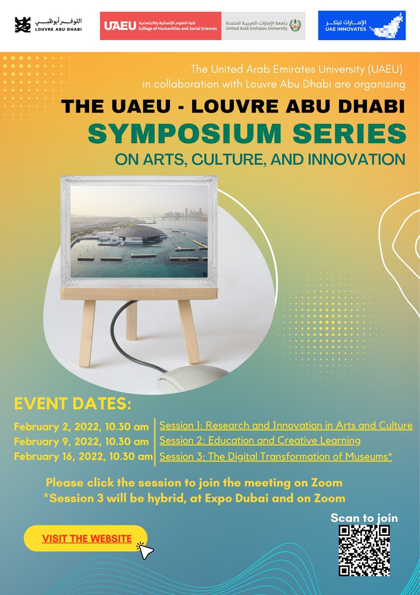 Tolerance_UAEU's tweet photo. Tomorrow is the start of the #Symposium series on #Arts, #Culture, and #Innovation organized by #collaboration between the United Arab Emirates University and Louvre Abu Dhabi.

To join this event: https://t.co/QxHW37rSiZ

See you tomorrow at 10.30 am (UAE Time) https://t.co/Z2VH1CZilR