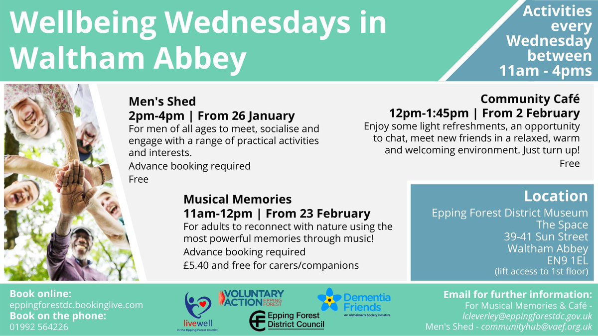 EppingForestFB's tweet photo. Join Live Well in Epping Forest, @VAEF01, @eppingforestdc and @DementiaFriends in Waltham Abbey for a range of activities taking place on Wednesdays
Book a place online by visiting https://t.co/AXYkCK3hiW , or calling 01992 564226
#EppingForest #Support #LightThroughTheTrees https://t.co/wzC88tMSME