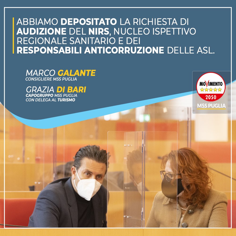 Depositata la richiesta di audizione del NIRS e dei responsabili anticorruzione delle Asl.
Leggi>> facebook.com/M5SPuglia/phot… #Puglia #RegionePuglia <a href="/GalanteM5S/">Marco Galante</a> <a href="/AvvGraziaDiBari/">Grazia Di Bari</a>