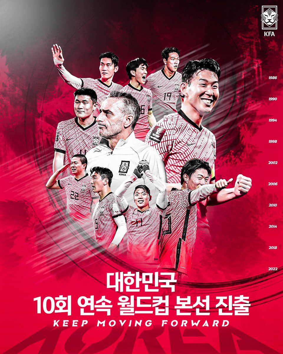 theKFA's tweet photo. 보고계십니까? 여러분은 지금 한국 축구의 새로운 역사적인 순간을 함께 하고 계십니다.
여러분 함께 달려주셔서 감사합니다!
대한민국! 10회 연속 월드컵 본선진출!

두려움 없는 전진 : MOVING FORWARD!
#대한민국 #축구 #국가대표팀 #월드컵 #최종예선 https://t.co/YiOAFHakMN