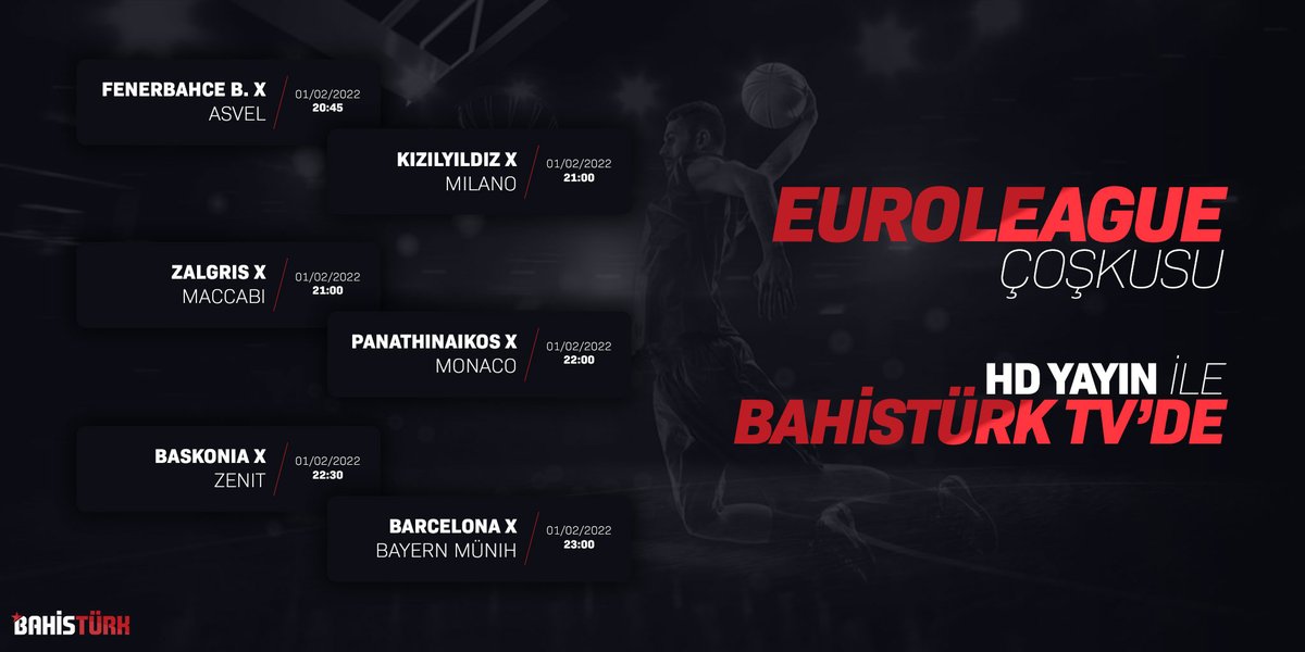 ❣Euroleague coşkusunu BahisTürk'de yaşayın! 

🗣Tüm karşılaşmalara HD yayın için; bahisturktv2.com