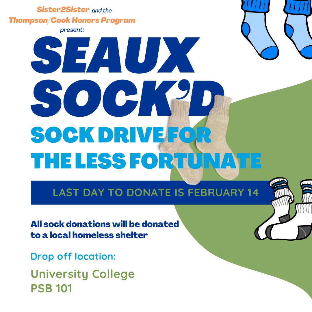 Honors_DU's tweet photo. You still have time to donate! 🧦 Visit the University College Office in PSB 101 to drop off socks for the less fortunate! @dillards2s #MyDU #Sister2Sister #TCHP #TCTuesdays #SeauxSockd https://t.co/2Fx5JdMDDG